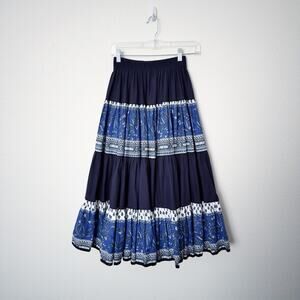 [Vintage] Atelier Provencal Blue Floral Striped Tiered Full Maxi Skirt Sz Medium